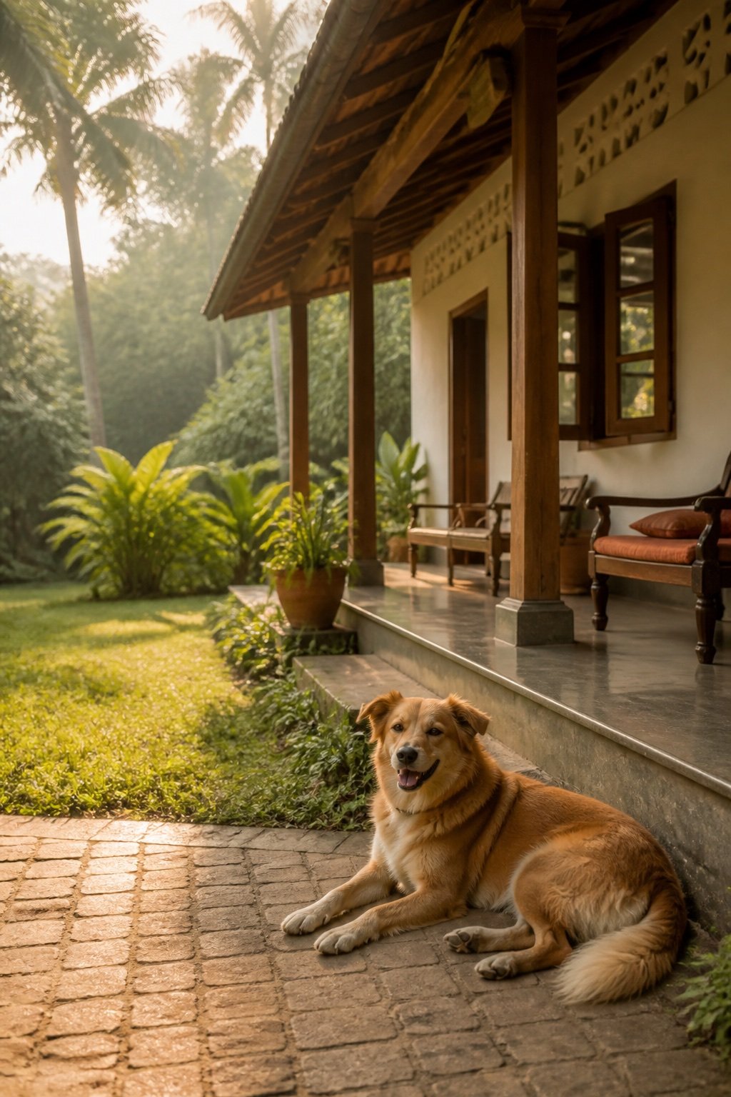 A dog relaxing on a garden veranda